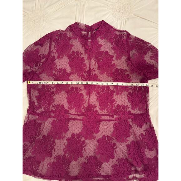 Ethereal Purple Lace Top Sz 22/24 Romantic Sheer Floral Mock Neck Fairy Blouse - Picture 6 of 9